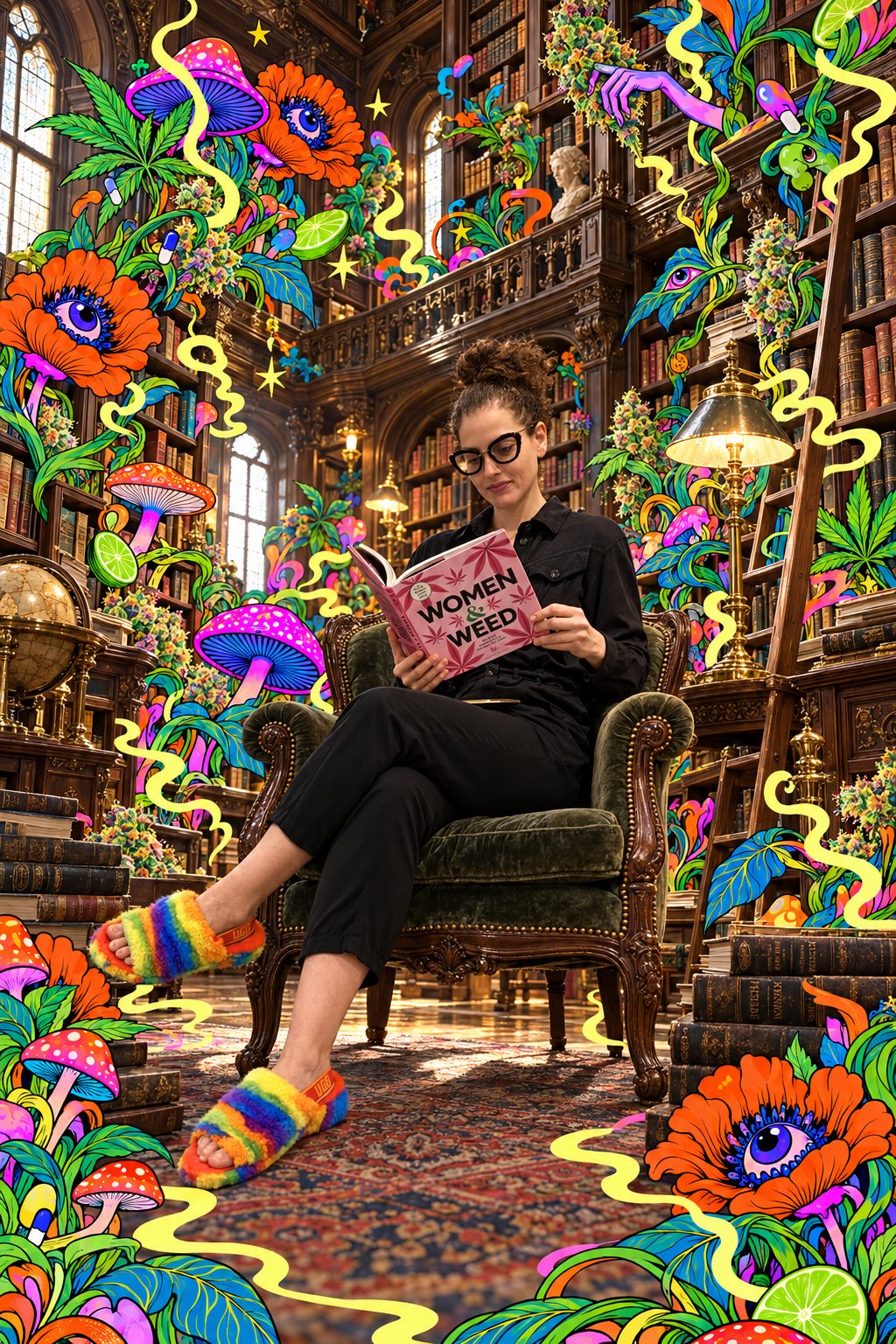 Luna Vargas lendo em biblioteca